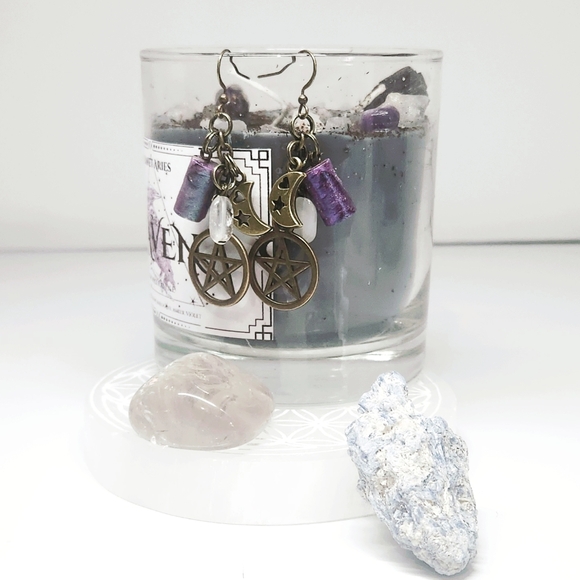 GalleyandOar Jewelry - Pentagram, beaded moon charm, dangle, hand crafted, Witchy, coven, goth, crystal